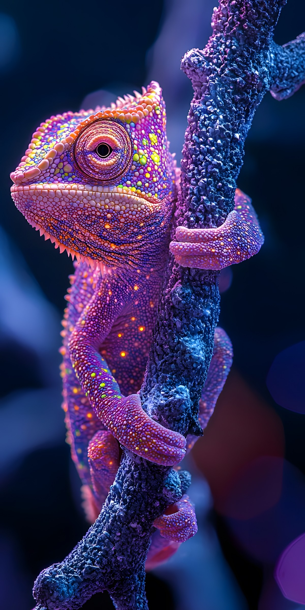 4K壁纸霓虹幻彩织就的星尘之躯/栖于幽蓝枝桠的紫夜变色龙-觅屏壁纸