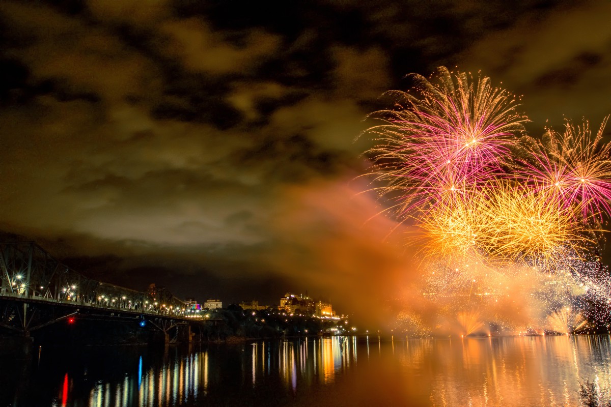 4K 超清城市夜景烟花壁纸｜桥梁与水面倒影绝美同框桌面壁纸-觅屏壁纸