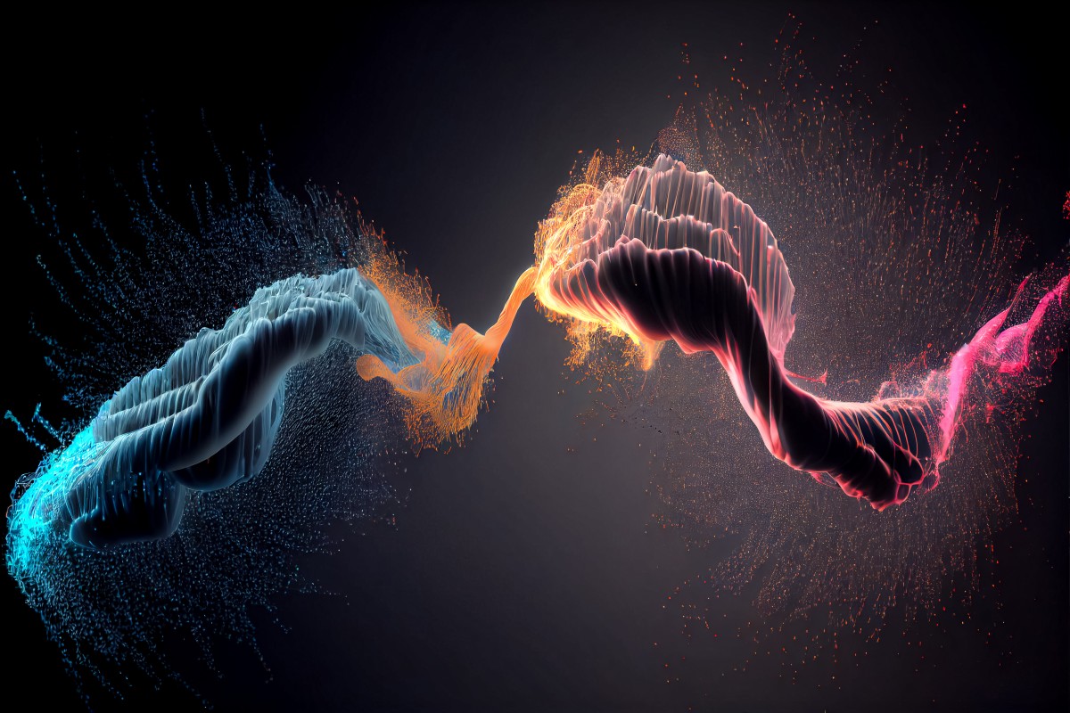 4K 超清渐变流体风壁纸｜蓝粉霓虹粒子碰撞抽象艺术高清桌面壁纸-觅屏壁纸