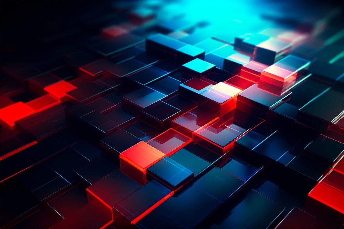 4K 超清霓虹方块风壁纸｜红蓝渐变几何方块赛博美学高清桌面壁纸-觅屏壁纸