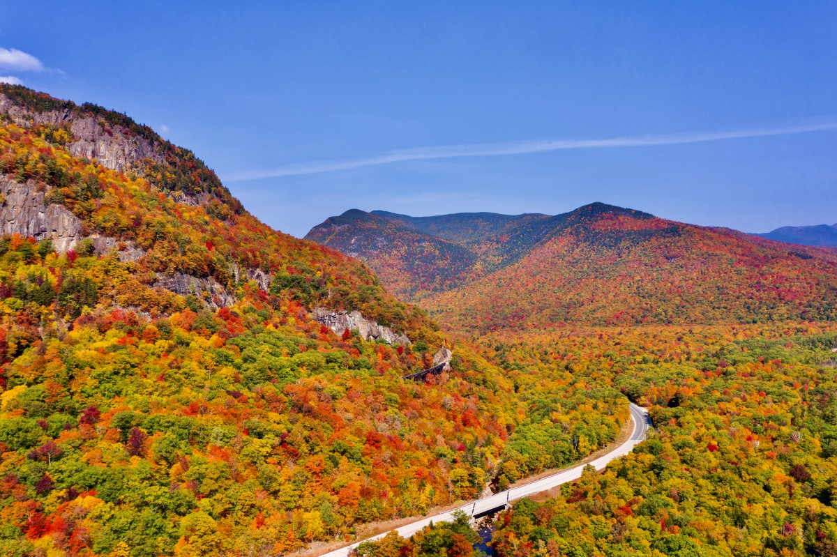 4K 超清彩林公路风壁纸｜秋日峡谷彩林公路航拍高清桌面壁纸-觅屏壁纸